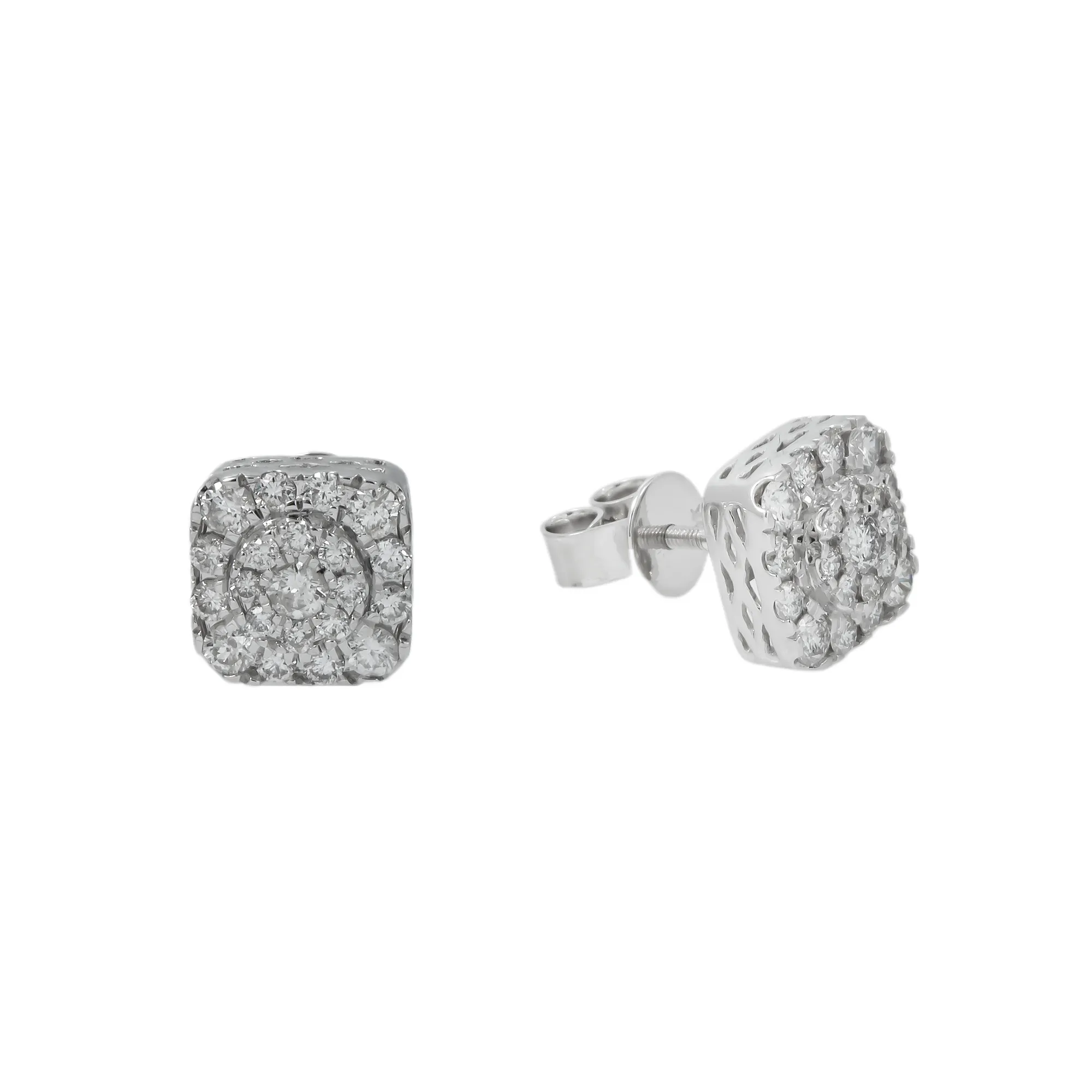 10K GOLD ROUND DIAMOND CLUSTER SQUARE SHAPE EARRINGS 1.02 CTW