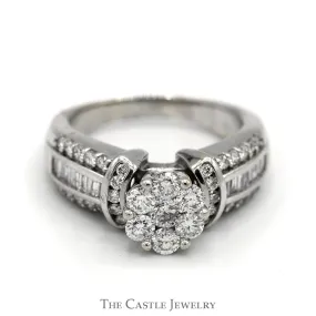 1.25cttw Round Diamond Cluster Ring with Accented Sides in 14k White Gold