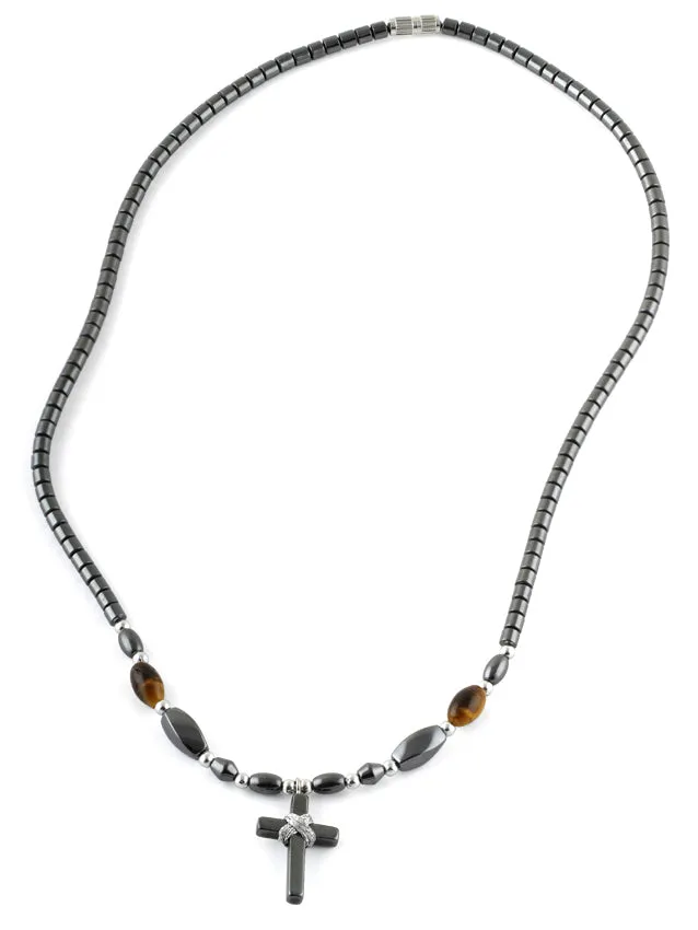 18" Small Cross w/ Tiger Eye Beads Hematite Necklace