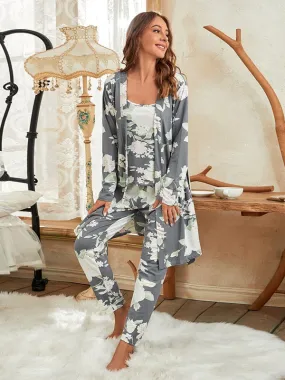 3pcs Floral Print Belted Pants Robe Set