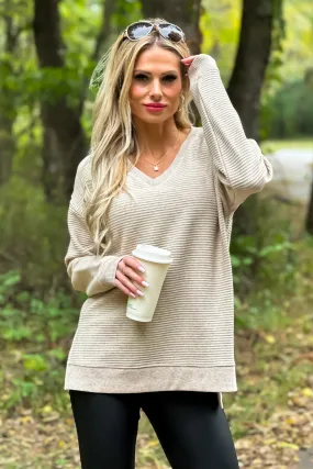 Adelynn Ribbed Knit V-Neck Top : Cappuccino