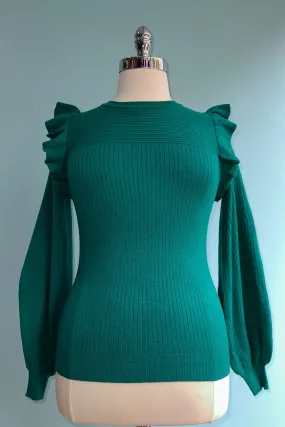 Alpine Green Shoulder Ruffle Crewneck Sweater