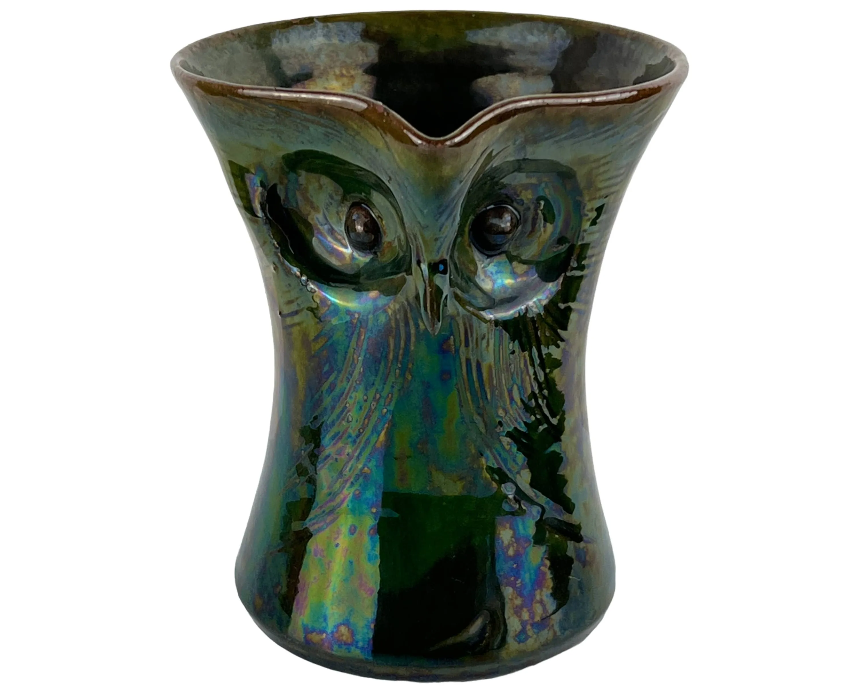 Antique Watcombe Pottery Owl Jug Green Iridescent Metallic Lustreware