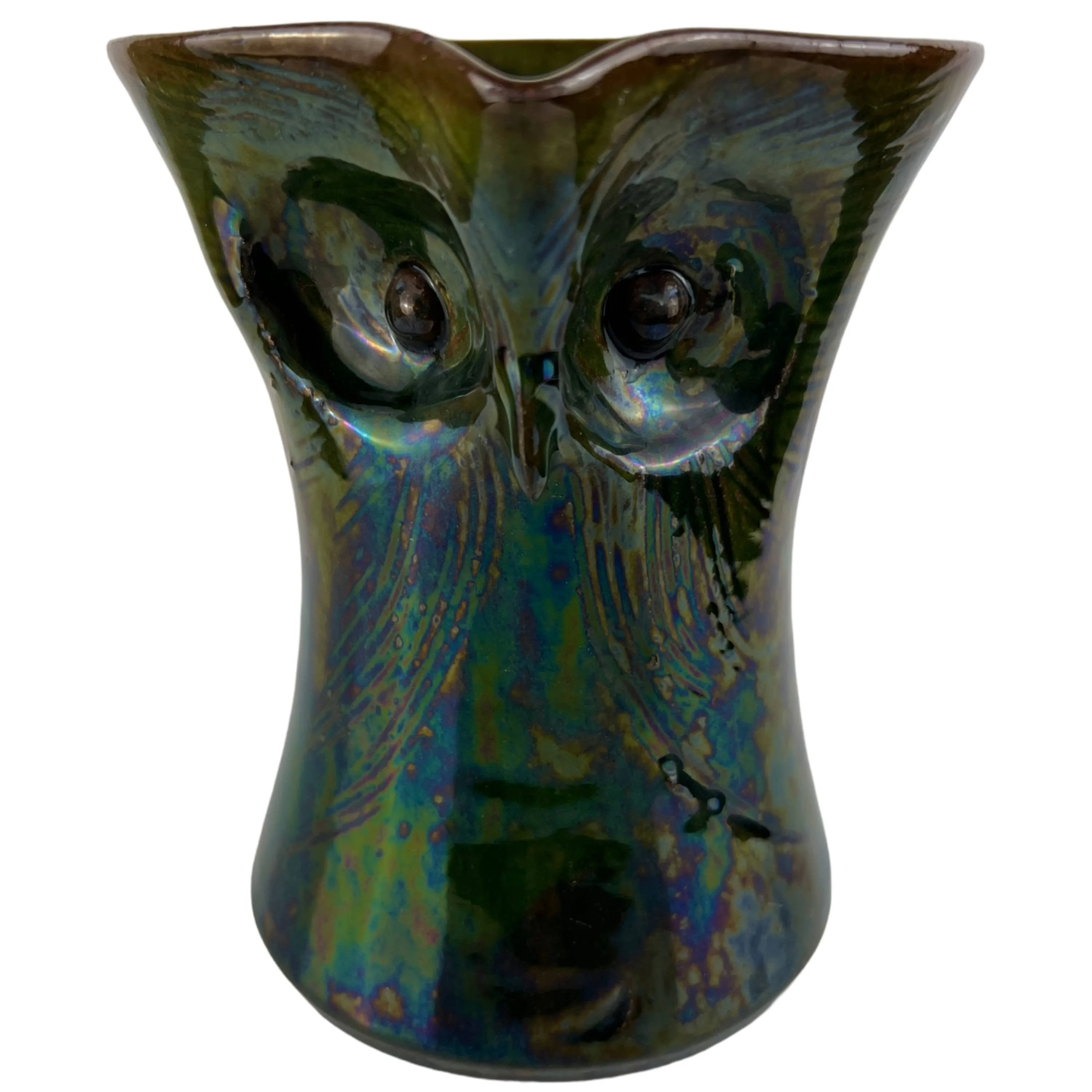 Antique Watcombe Pottery Owl Jug Green Iridescent Metallic Lustreware