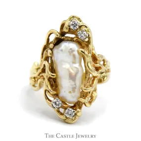 Baroque Pearl Ring with Diamond Accents in 14k Yellow Gold Vine Designed Setting