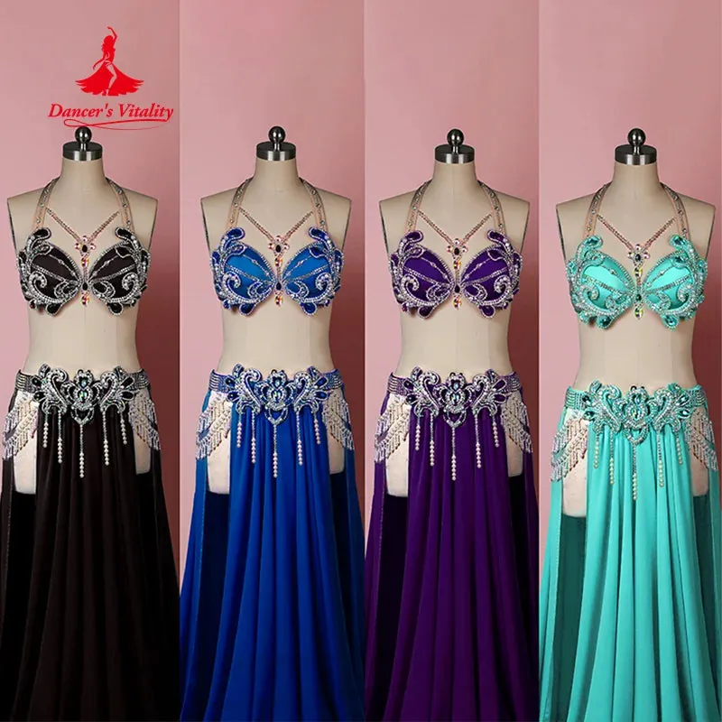 BellyDance Performance Costume Women Customization Luxury Diamond Bra Sexy Split Chiffon Long Skirt 2pcs Oriental Dance Outfit