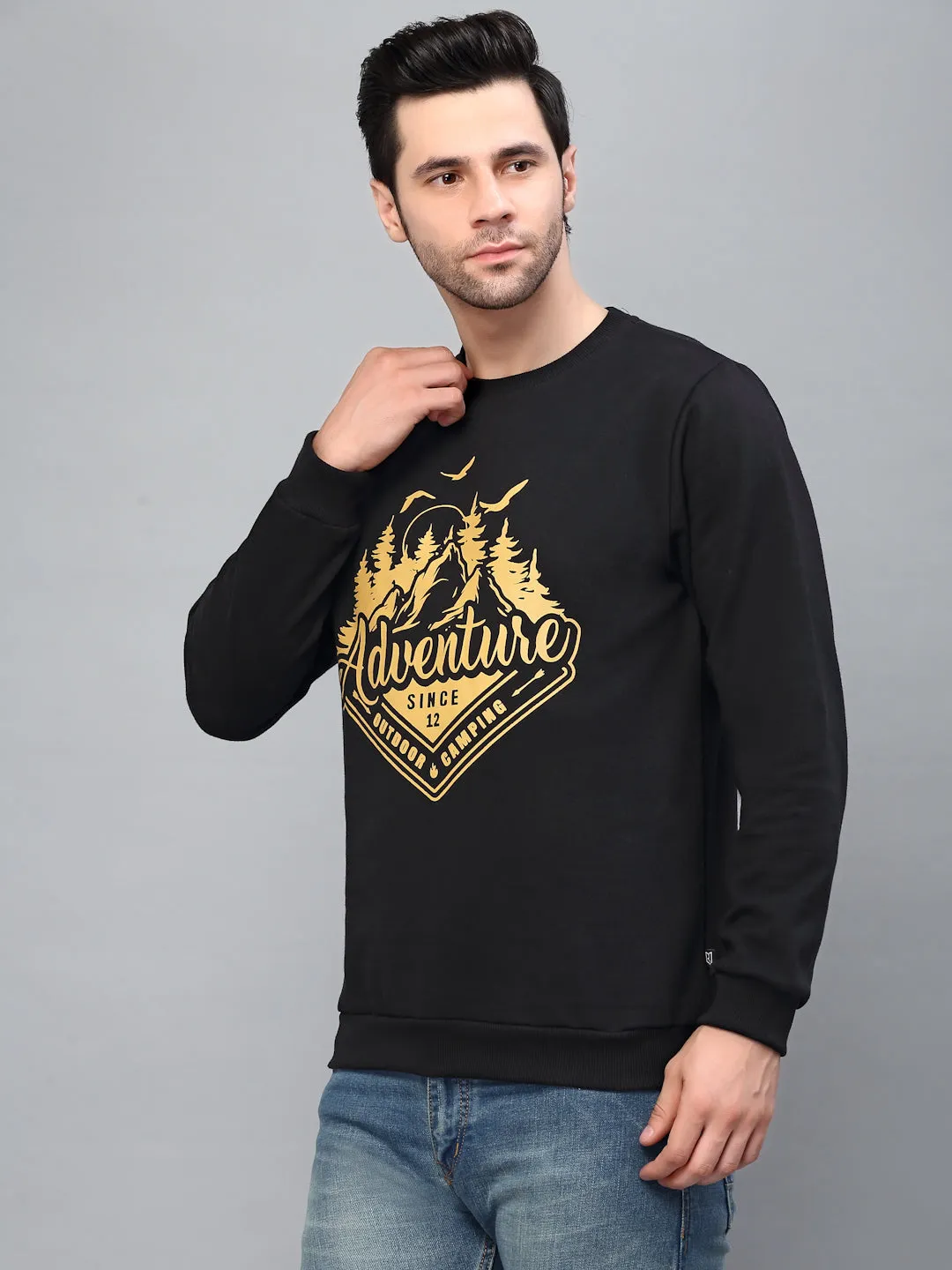 Black Round Neck Printed Fleece Sweatshirt