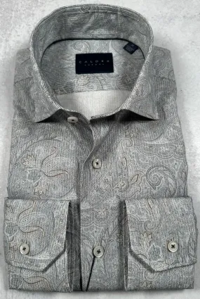 Calder Carmel Luxury Italian Printed Twill Tonal Paisley Sport Shirt in Fog