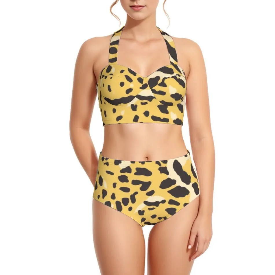 Cheetah Print Women's Swimsuit Set With Halter