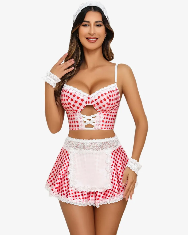 Contrast Lace Maid Costume Set (5 Pcs)