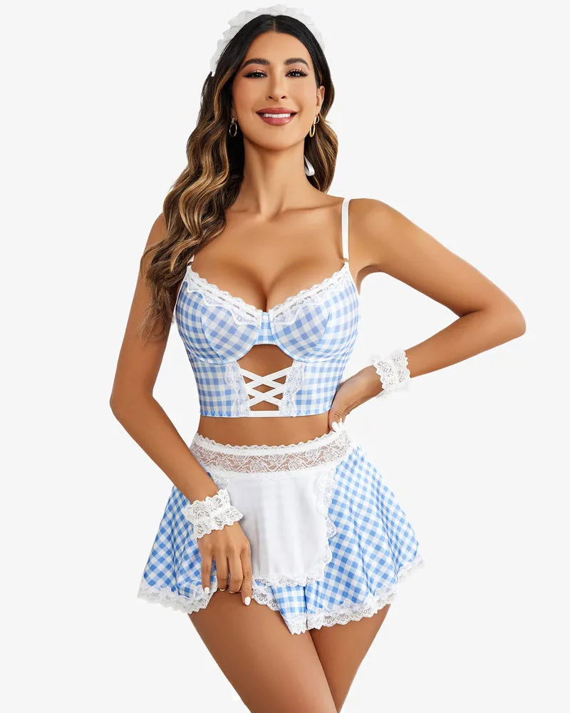 Contrast Lace Maid Costume Set (5 Pcs)