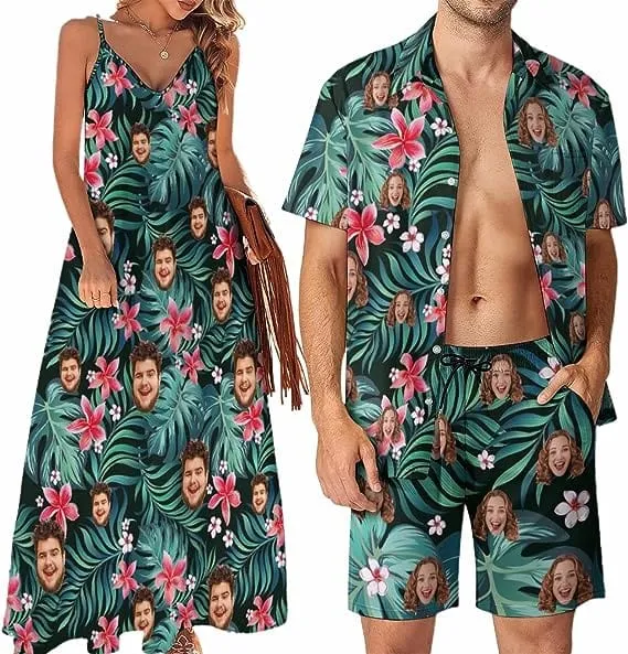 Couple Hawaiian Dress Set Cruise Outfit Custom Face Red Flowers Hawaiian Shirt Set&Dress