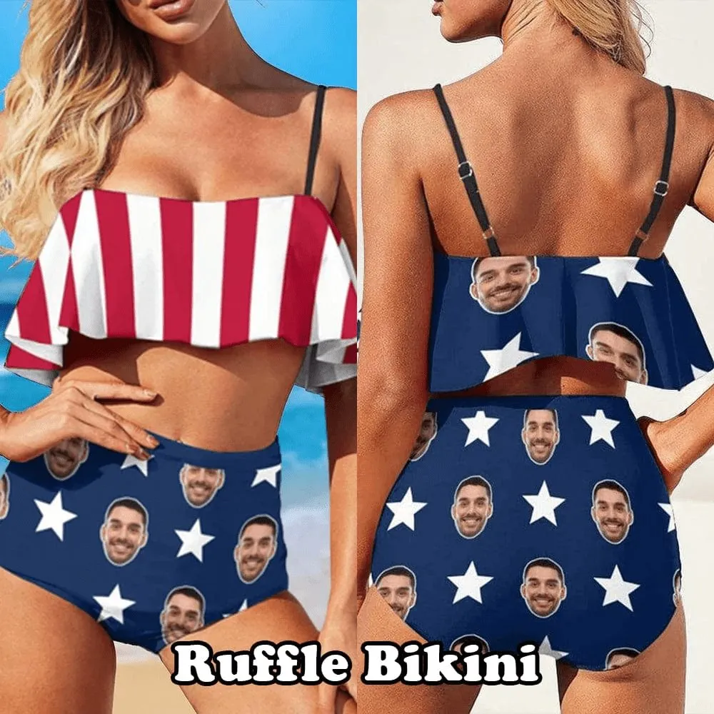 #Couple Matching Swimwear #American Flag Bathingsuit #Independence Day#Custom Face Bikini Personalized Triangle Swim Briefs