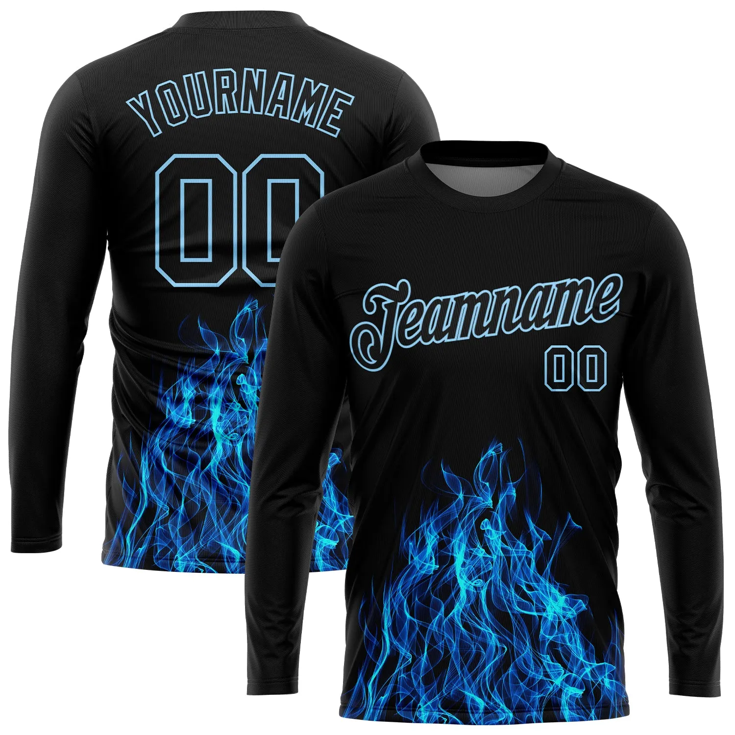 Custom Black Black-Light Blue Flame 3D Pattern Long Sleeve Performance T-Shirt