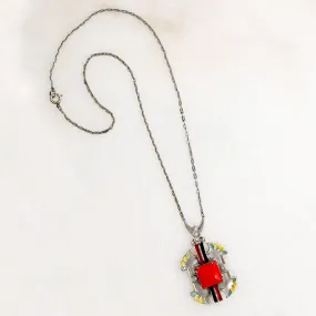 Czech Red Glass & Enamel Silver Tone Necklace