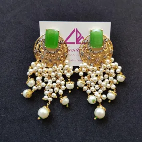 Designer Dangler Style Green Stone Studded Earrings