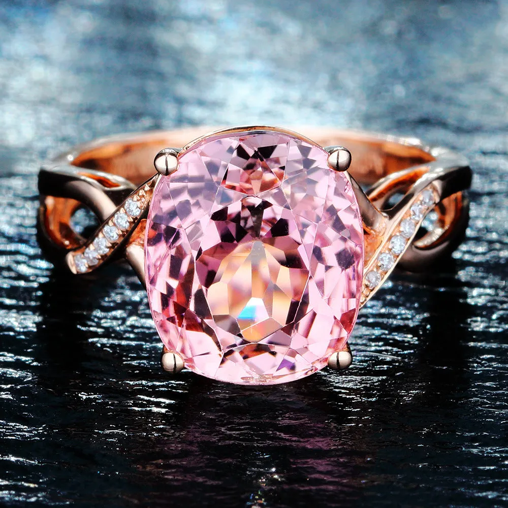 European-American Fashion Tourmaline Engagement Ring - Powder Crystal with Zircon Inlay