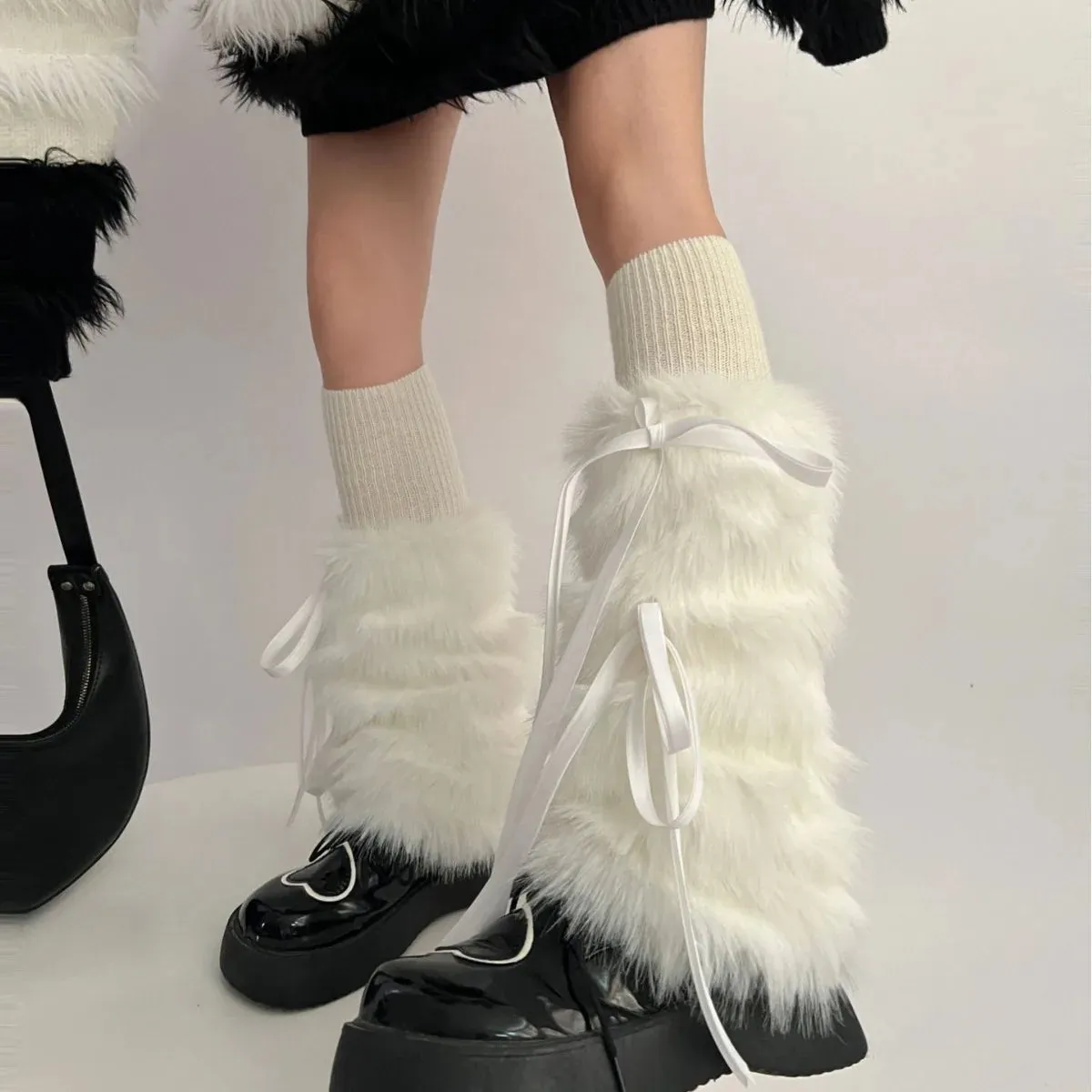 Getadme Kawaii Bow Knot Leg Warmers Thickened Imitation Rabbit Fur Women Leggings Boots Cover Lolita Punk Harajuku Party Accessories