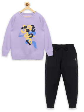 Girl's Round Neck Sweatshirt & Solid Fleece Track Pant Set