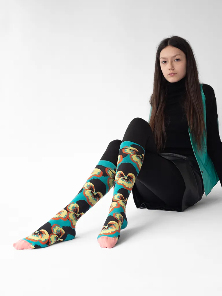 Green and Yellow Graphic Floral Knee Socks