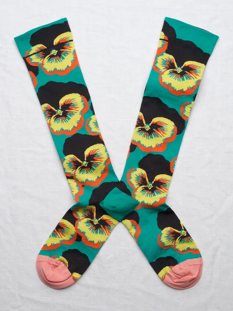 Green and Yellow Graphic Floral Knee Socks