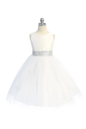 Ivory/Silver Sequins V Back & Bow Girls Dress