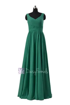 Jade Green Chiffon Bridal Party Dress Long V-neckline Pleated Long Formal Dress(BM5196L)