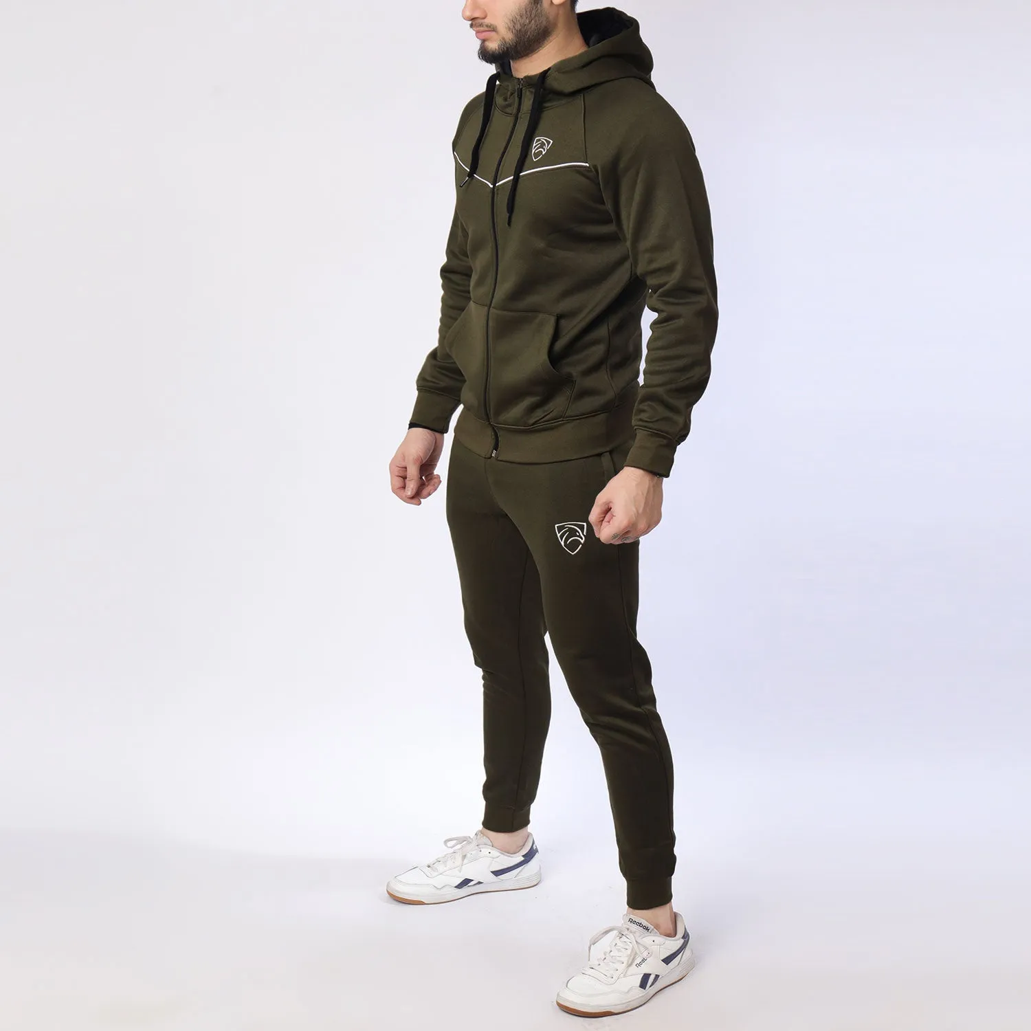 Olive Green Poly Fleece Tracksuit With White Piping