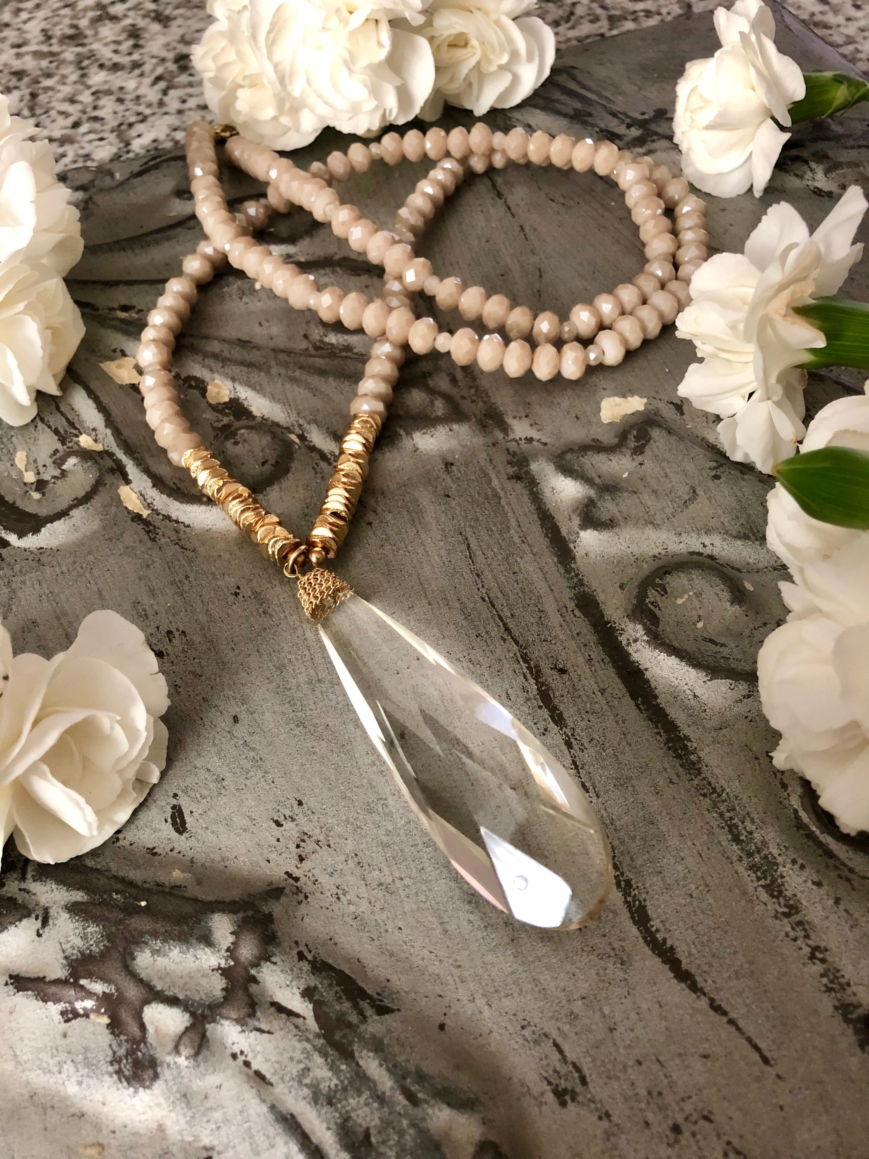 Ophelia Beaded Crystal Teardrop Long Necklace