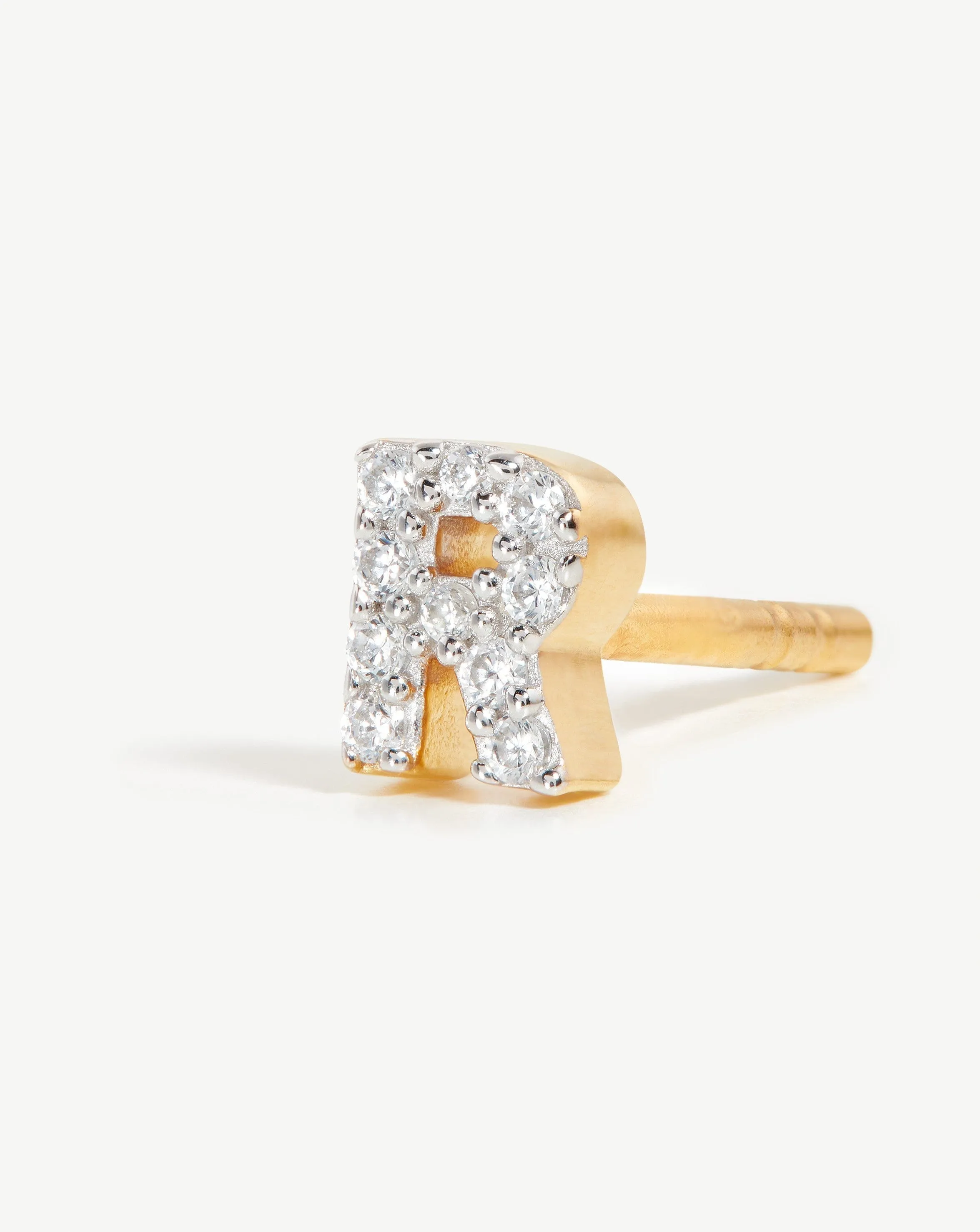 Pave Initial Single Stud Earring - Initial R | 18ct Gold Plated Vermeil/Cubic Zirconia