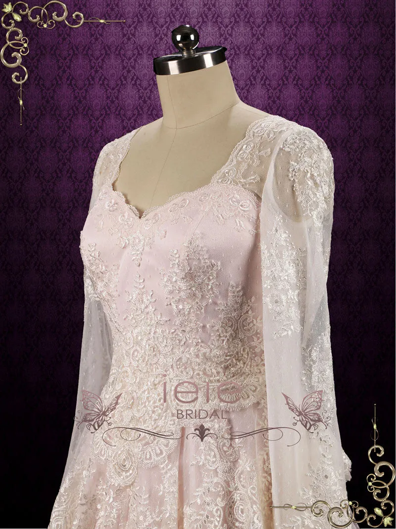 Pearl Pink Vintage Style Lace Wedding Dress with Sleeves LORELI