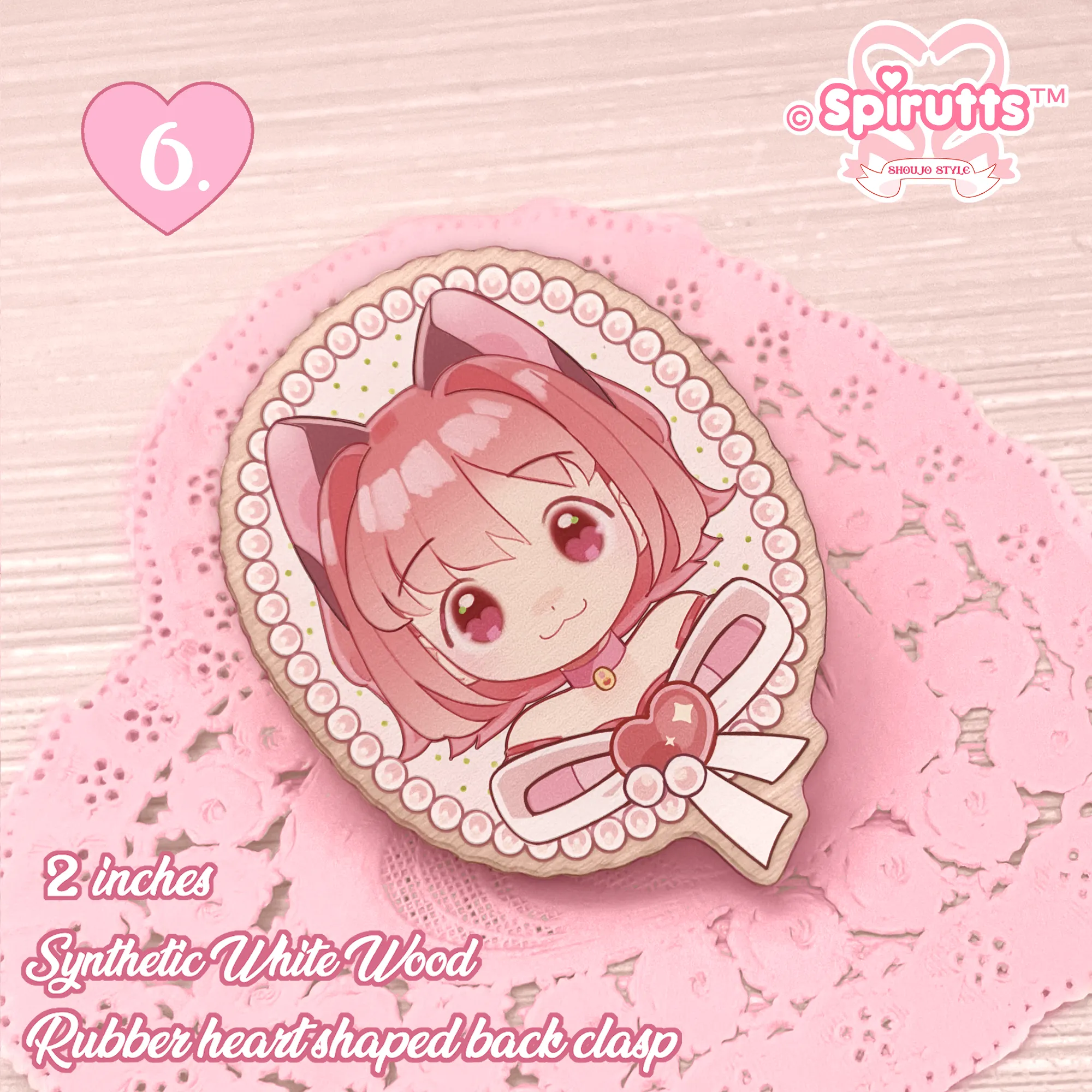 PIN(s)/BROACHES(s) - classic Magical Girls - Wood finish/Pink heart rubber pinback