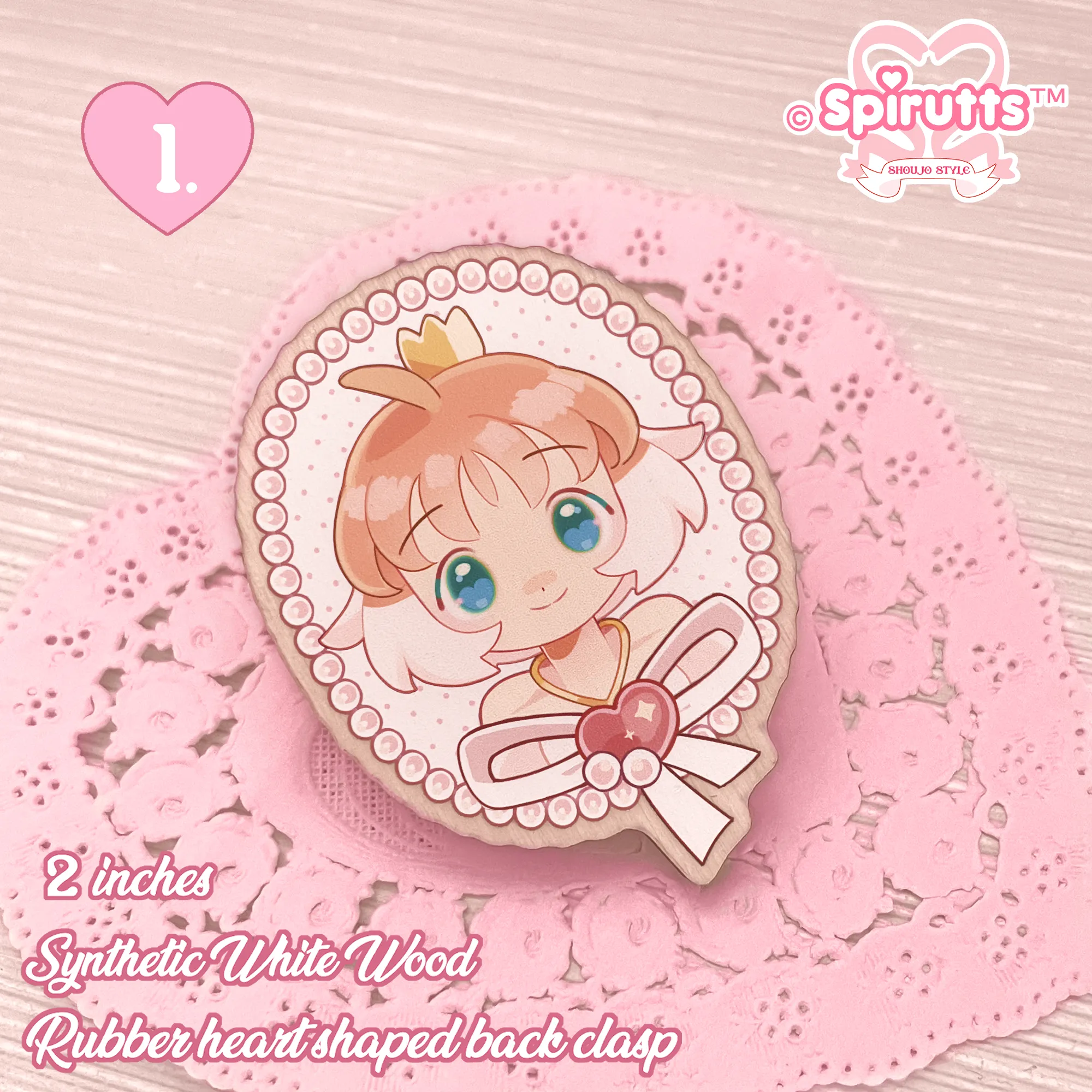 PIN(s)/BROACHES(s) - classic Magical Girls - Wood finish/Pink heart rubber pinback