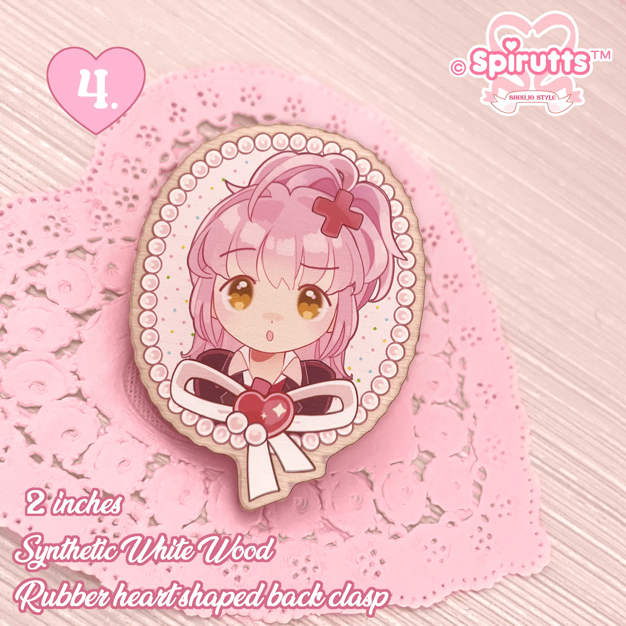 PIN(s)/BROACHES(s) - classic Magical Girls - Wood finish/Pink heart rubber pinback