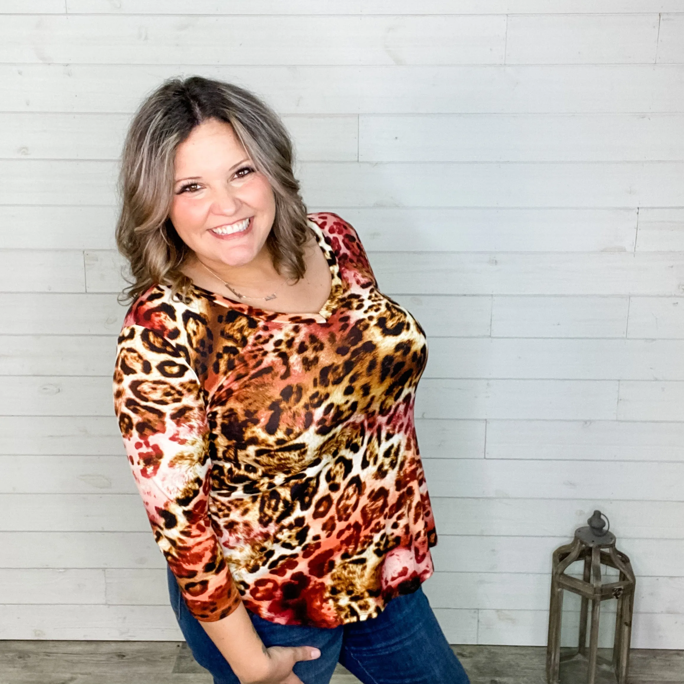 "Jersey" 3/4 Sleeve Animal Print V Neck