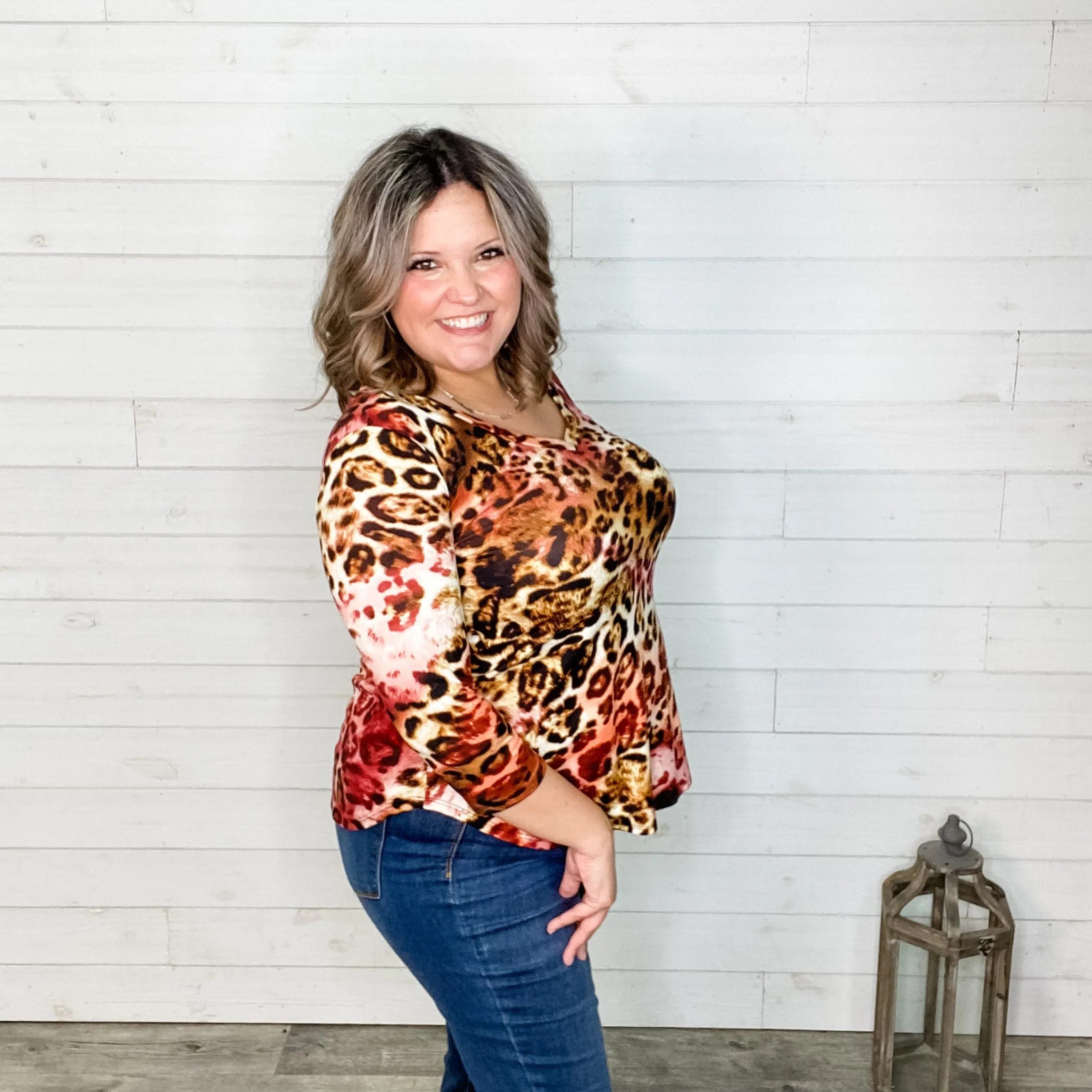 "Jersey" 3/4 Sleeve Animal Print V Neck