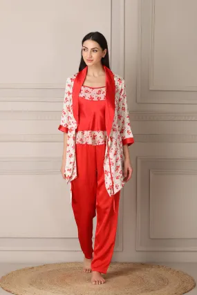 Red Satin Night suit with Printed Robe