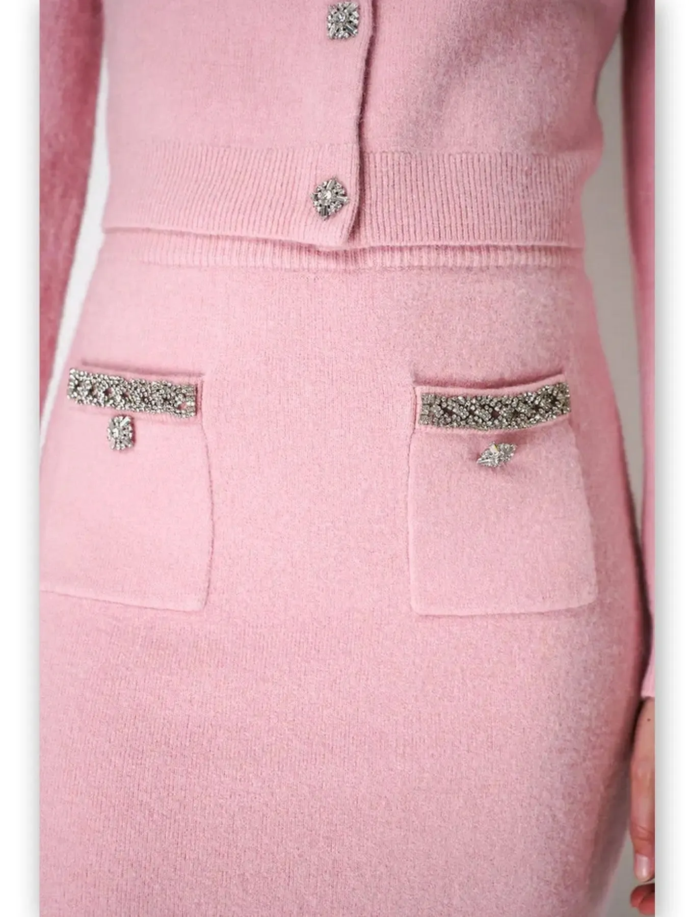 Women’s Crystal Trim Pink Knit Cardigan Skirt Set