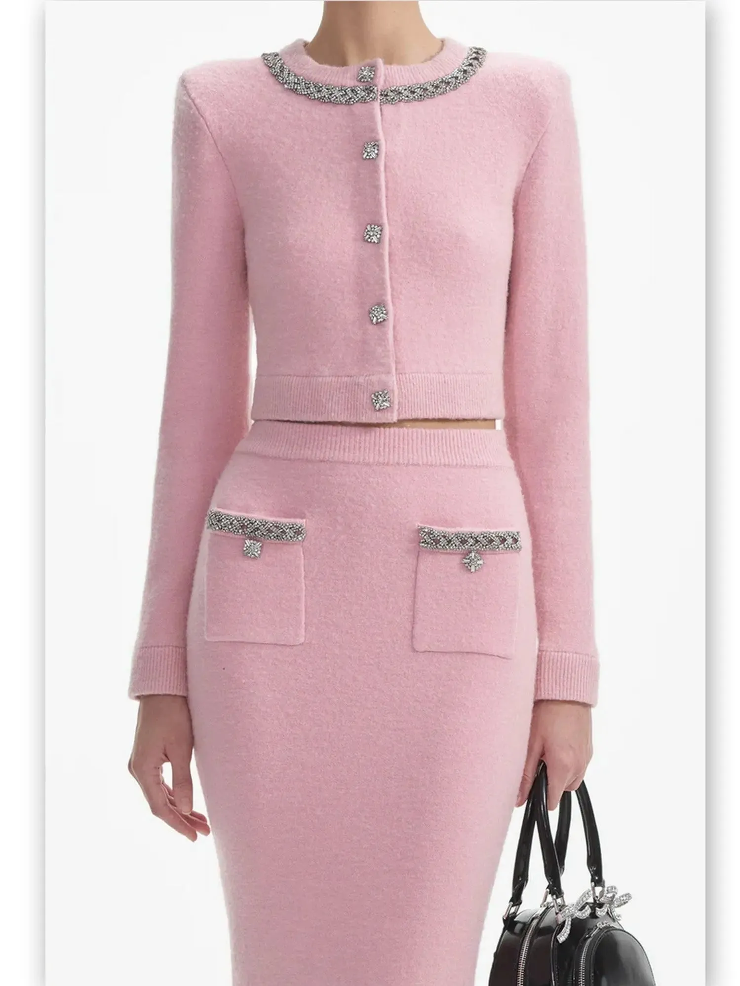 Women’s Crystal Trim Pink Knit Cardigan Skirt Set